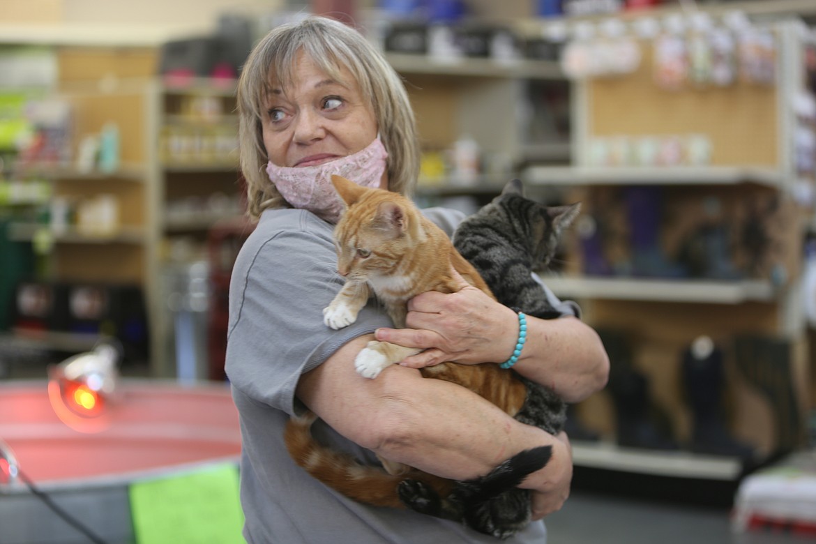 Volunteer Sue Campbell, seen here holding up ginger cat Simon and tabby cat Missy, helped man the adoption booth inside Hale's Farm and Feed in Ephrata Saturday. While the organization is always in need of donations and fundraisers, it also welcomes additional volunteers, Campbell said.