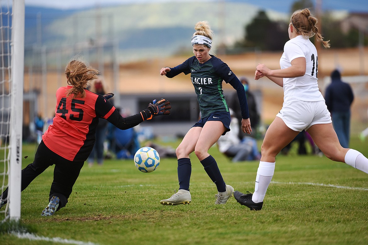 Glacier’s Reese Leichtfuss (7) has a shot stopped by Helena Capital keeper Brooklyn Brisco (45) in the second half at Glacier High School on Saturday. (Casey Kreider/Daily Inter Lake)