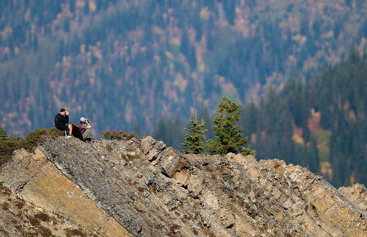 Surveyors scan for birds at the scenic Jewel Basin Hawk Watch survey site.