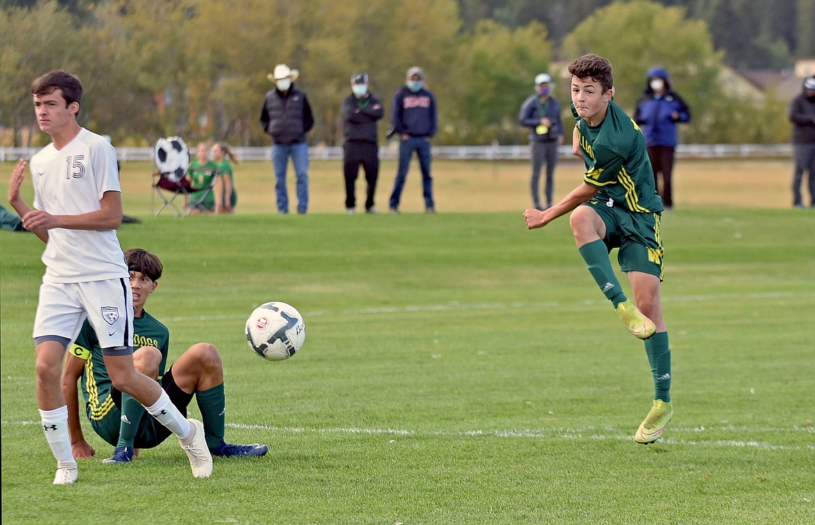 Whitefish freshman forward Collin Lyman lines up a hard shot on goal during a game against Stevensville at Smith Fields on Thursday, Sept. 24.  (Whitney England/Whitefish Pilot)