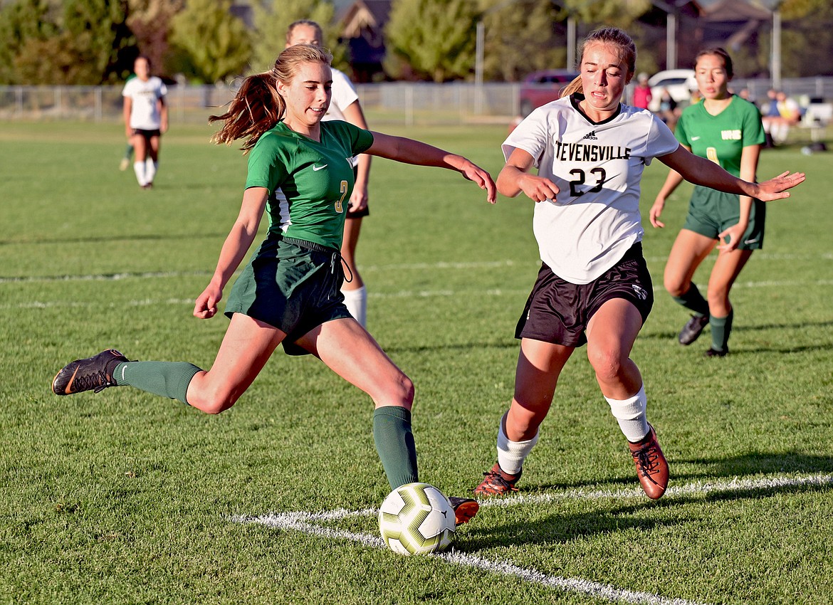 Whitefish's Maddie Muhlfeld drives a shot towards goal against Stevensville at Smith Fields on Thursday, Sept. 24. (Whitney England/Whitefish Pilot)