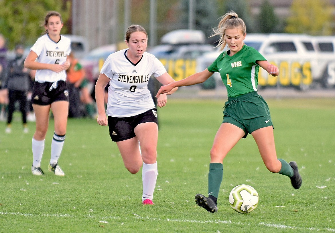 Bulldog forward Sophie Olson gets past a defender heading to the goal against Stevensville at Smith Fields on Thursday, Sept. 24. Olson scored a goal and had one assist in the 2-0 victory. (Whitney England/Whitefish Pilot)