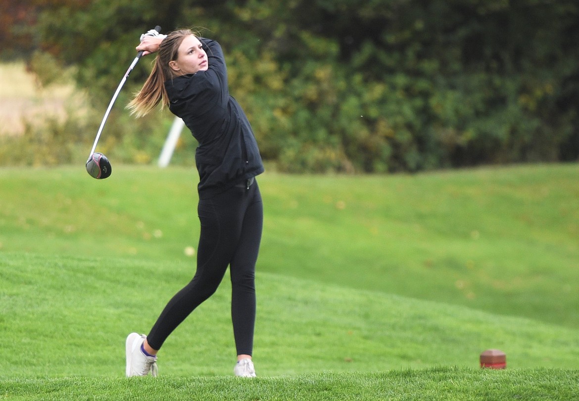 Ellie Thiel hits a drive off the No. 10 tee box at Polson Bay Golf Course. (Scot Heisel/Lake County Leader)