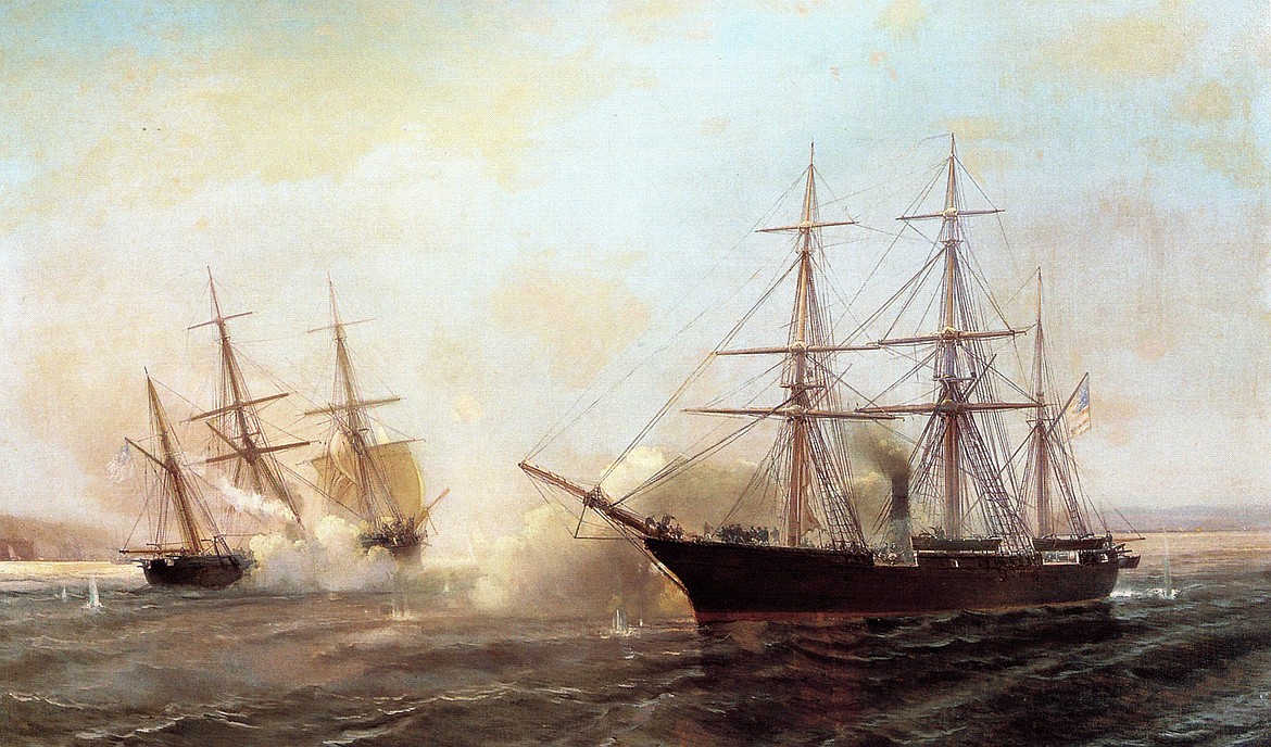 Painting by Jean-Baptiste Henri Durand-Brager (1814-1879) of USS Kearsarge, on right, battling the CSS Alabama on June 19, 1864.