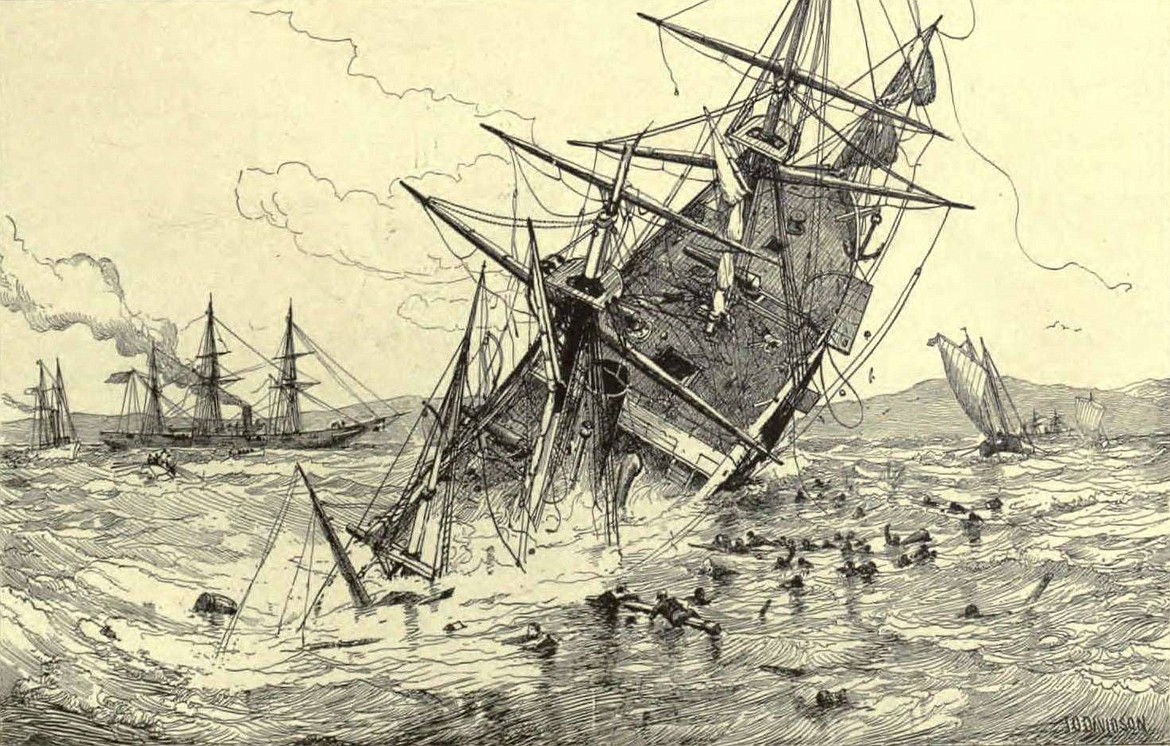After the Confederate sloop-of-war Alabama sank, the victorious USS Kearsarge and two support vessels picked up the survivors (1864).