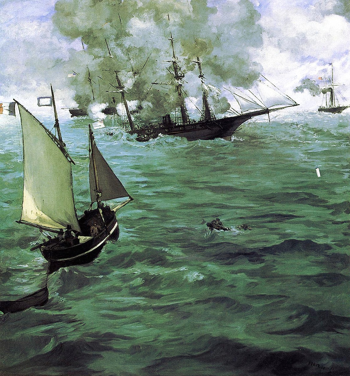 Painting by French impressionist Édouard Manet of American Civil War naval battle fought that he is said to have witnessed off the coast of Cherbourg, France, with Union warship USS Kearsarge sinking the Confederate CSS Alabama on June 19, 1864.