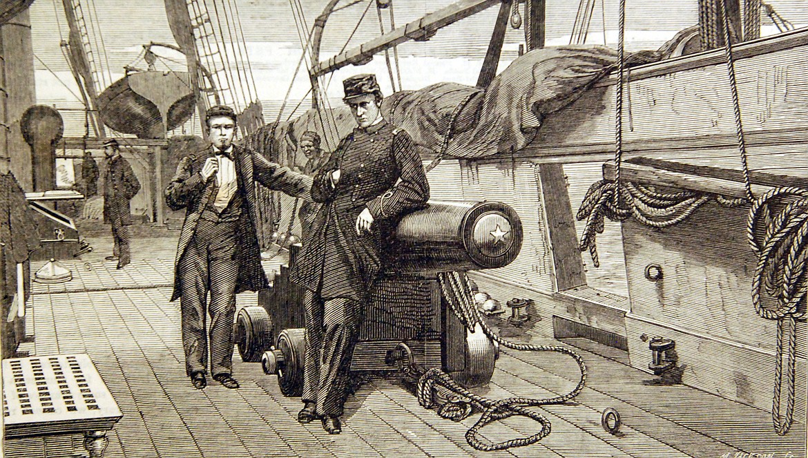 Engraving from The Illustrated London News of Captain Raphael Semmes, captain of the raider CSS Alabama, leaning on the ship’s rifled 110-pounder cannon while in Capetown, South Africa, in 1863, with executive officer, Lieutenant John M. Kell in the background.