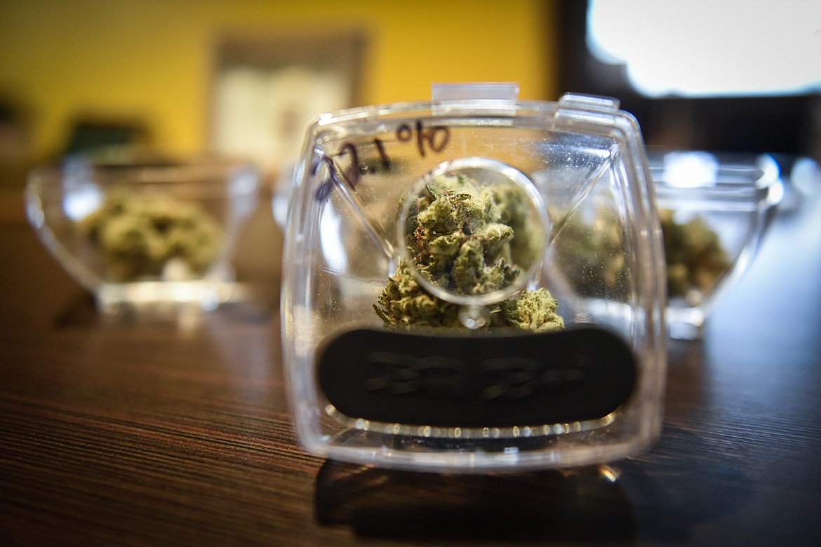 Strains of marijuana are displayed at Flower in Evergreen on Thursday, Oct. 1. (Casey Kreider/Daily Inter Lake)