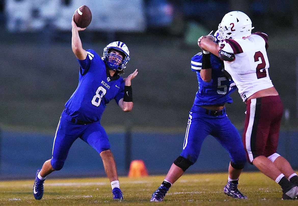 Columbia Falls quarterback Mason Peters (8) looks to throw in the second quarter against Hamilton at Satterthwaite Memorial Field in Columbia Falls on Friday. (Casey Kreider/Daily Inter Lake)