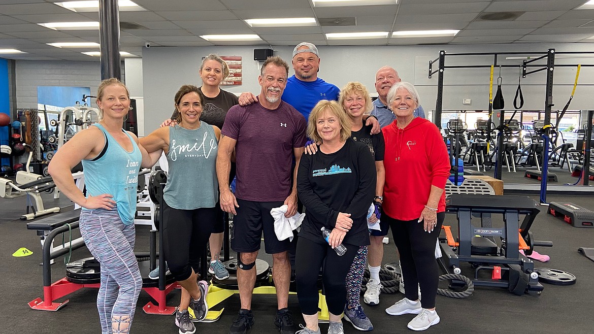 Courtesy photo
Sammie Thomas, Trici Hinkel, Lisa Rinaldi, Randy Hinkel, Bob Wilber, Michelle Bennet, Carla Herbert, Joe Herbert and Michelle Smith work out at 5-in-1 Fitness, which just opened at 1631 W. Seltice Way in Post Falls.