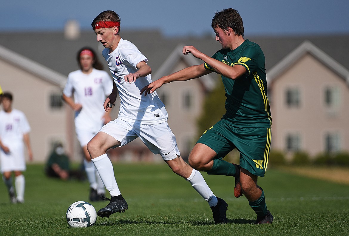 Columbia Falls’ Jason Albin (5) pushes the ball upfield against Whitefish at Smith Fields in Whitefish on Saturday. (Casey Kreider/Daily Inter Lake)