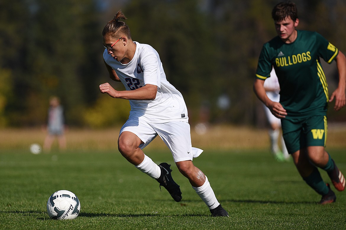 Columbia Falls’ Finley Sundberg (22) moves the ball upfield against Whitefish at Smith Fields in Whitefish on Saturday. (Casey Kreider/Daily Inter Lake)