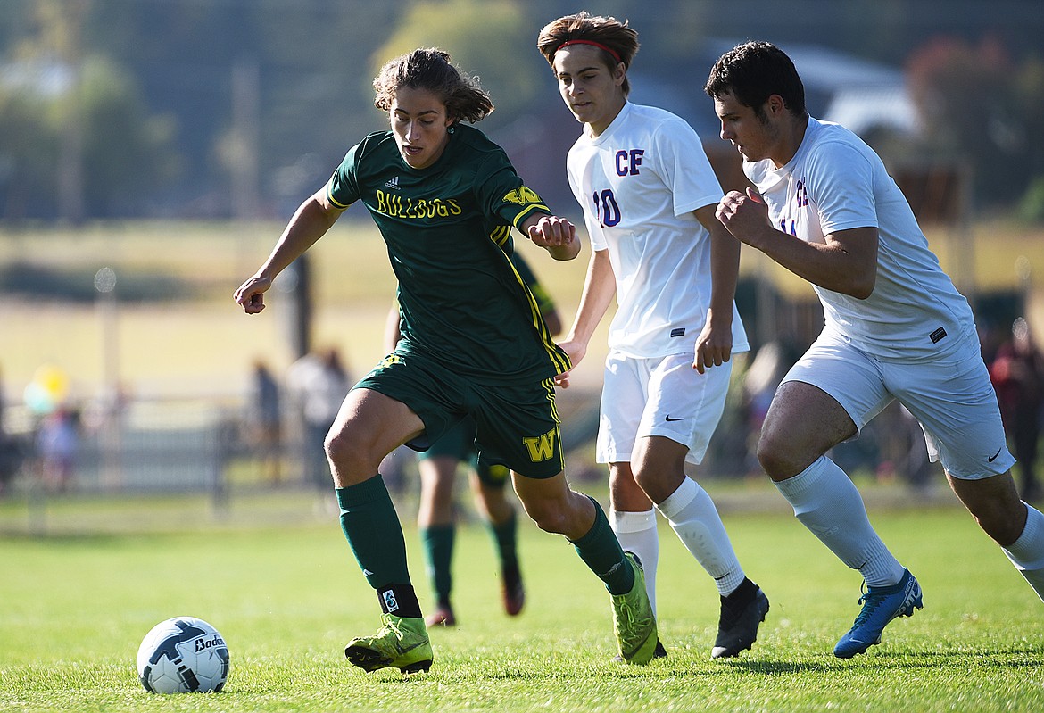 Whitefish’s Gabe Menicke (9) moves the ball upfield against Columbia Falls at Smith Fields in Whitefish on Saturday. (Casey Kreider/Daily Inter Lake)