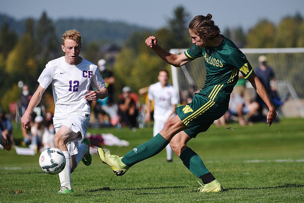 Whitefish’s Gabe Menicke (9) scores a goal in the second half against Columbia Falls at Smith Fields in Whitefish on Saturday. (Casey Kreider/Daily Inter Lake)