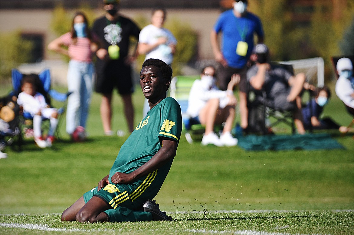 Whitefish’s Marvin Kimera (22) celebrates after a second half goal against Columbia Falls at Smith Fields in Whitefish on Saturday. (Casey Kreider/Daily Inter Lake)