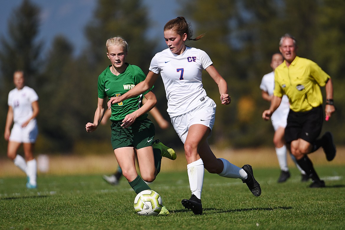 Columbia Falls’ Maddie Robison (7) moves the ball upfield against Whitefish in the first half at Smith Fields in Whitefish on Saturday. (Casey Kreider/Daily Inter Lake)