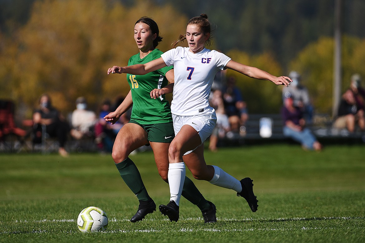 Columbia Falls’ Maddie Robison (7) and Whitefish’s Anna Akey (15) battle for possession in the first half at Smith Fields in Whitefish on Saturday. (Casey Kreider/Daily Inter Lake)