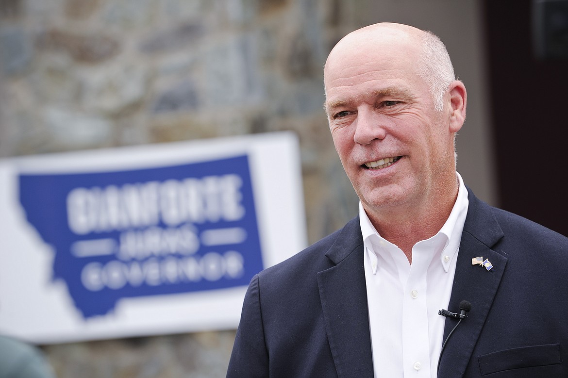 FILE - In this July 17, 2020, file photo, Republican gubernatorial candidate U.S. Rep. Greg Gianforte speaks at a campaign stop in Helena, Mont. Montana gubernatorial candidates will face off Saturday, Oct. 3, 2020, in the first of two debates that will highlight key issues in the tight race. (Thom Bridge/Independent Record via AP, File)