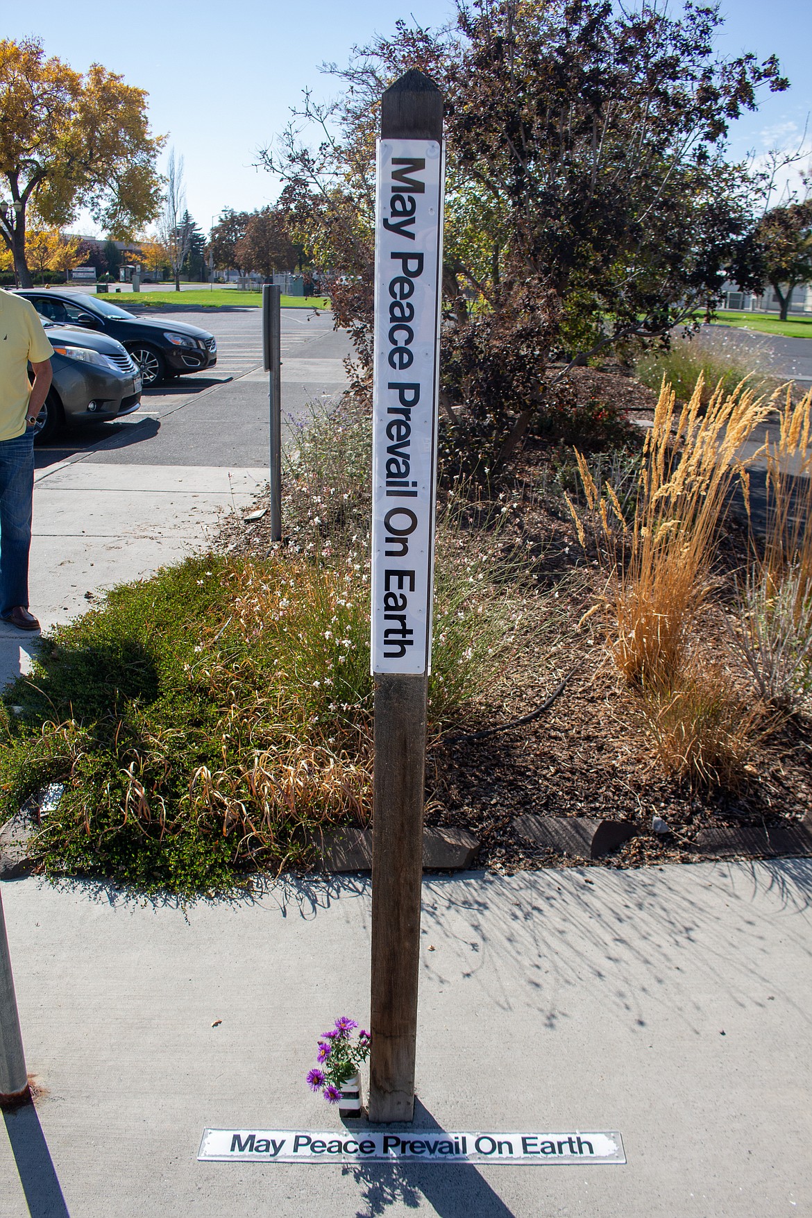 The Peace Pole was installed in Moses Lake next to the Moses Lake Public Library in 1989