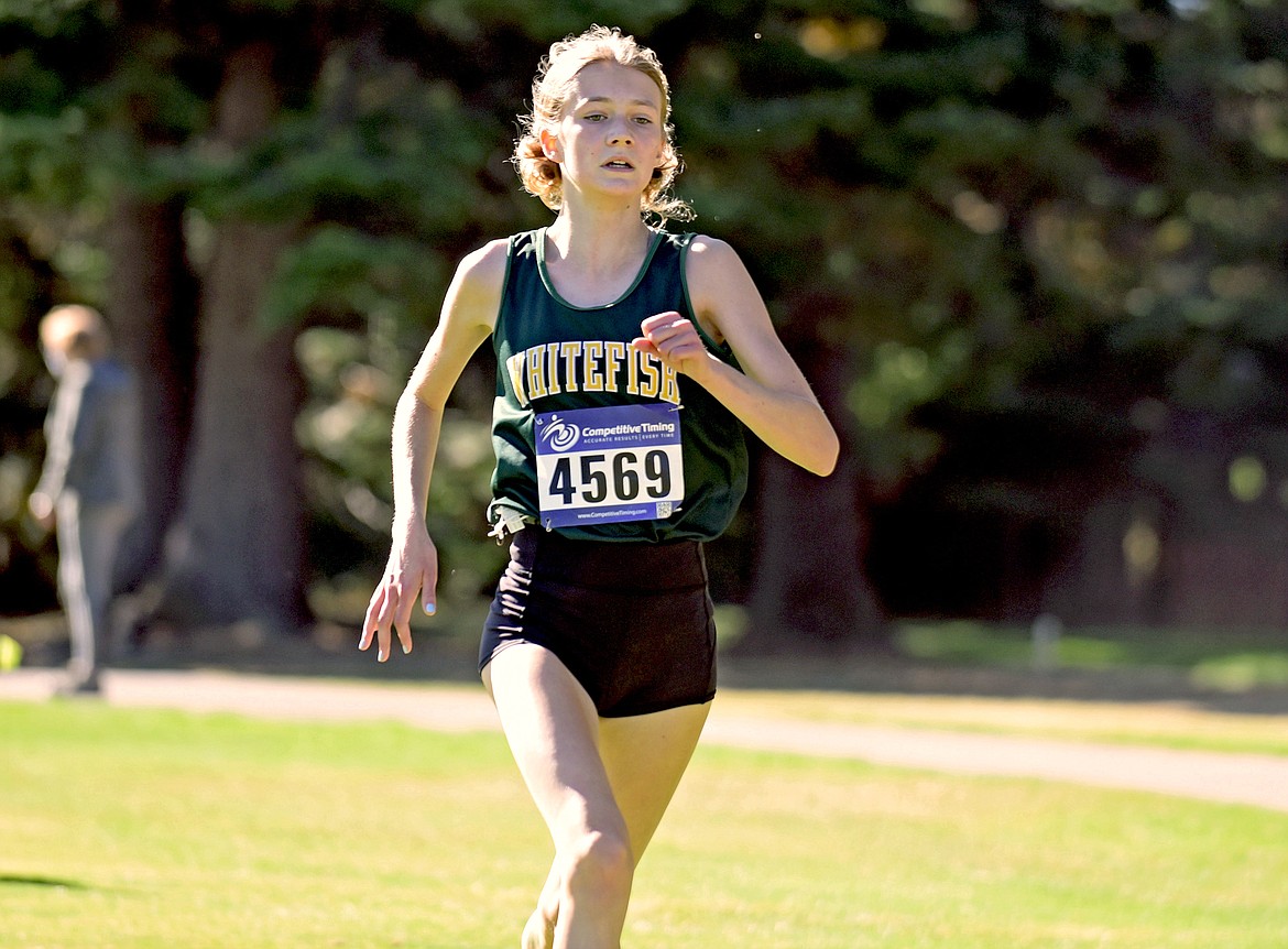 Whitefish runner Paetra Cooke finishes with a top-10 finish at the Stumptown Triangular at Whitefish Lake Golf Club on Tuesday, Sept. 29. (Whitney England/Whitefish Pilot)