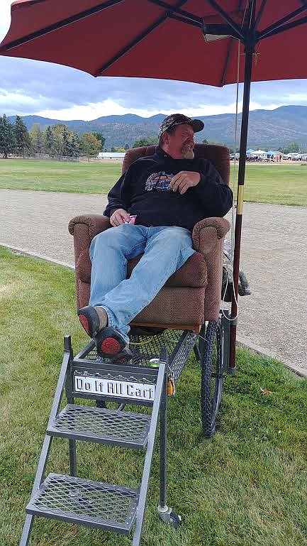 Derek VonHeeder shows off one of his latest creations. The inventor from Plains never has a shortage of ideas and he enjoys building them. (Chuck Bandel/Valley Press)