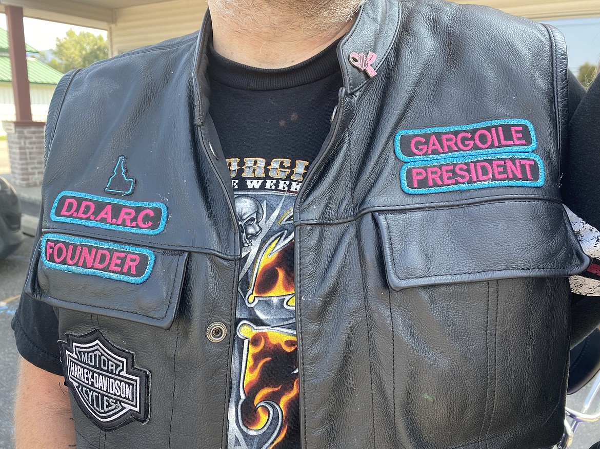 Daren Carlson's leather riding jacket features the Diseases and Disabilities Advocates Riding Club colors blue and pink that represent the club's support of diabetes and breast cancer. (MADISON HARDY/Press)