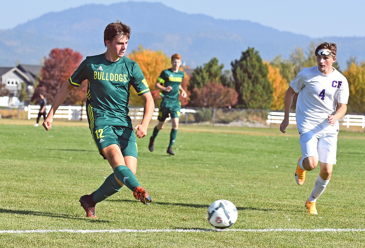 Bulldog defenseman William Hyatt controls the ball in a game against Columbia Falls at Smith Fields on Saturday. (Whitney England/Whitefish Pilot)