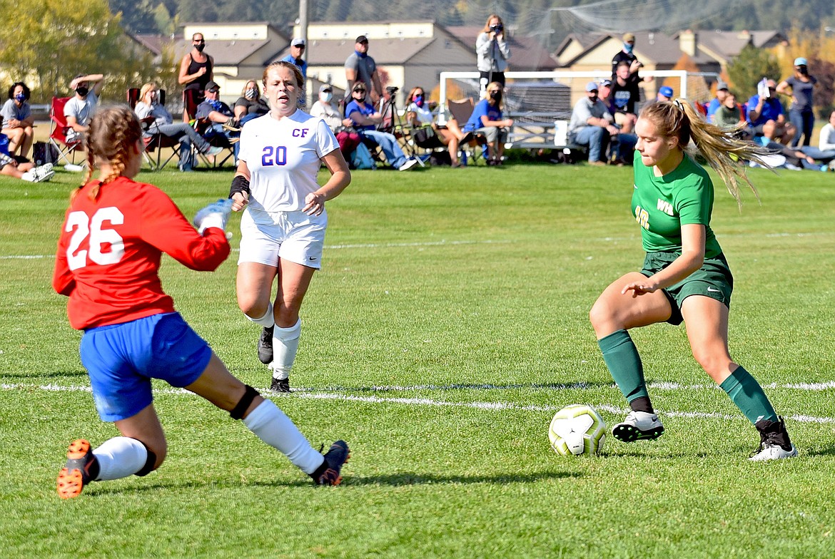 Whitefish senior Ali Hirsch drives toward the goal in a game against Columbia Falls at Smith Fields on Saturday. (Whitney England/Whitefish Pilot)