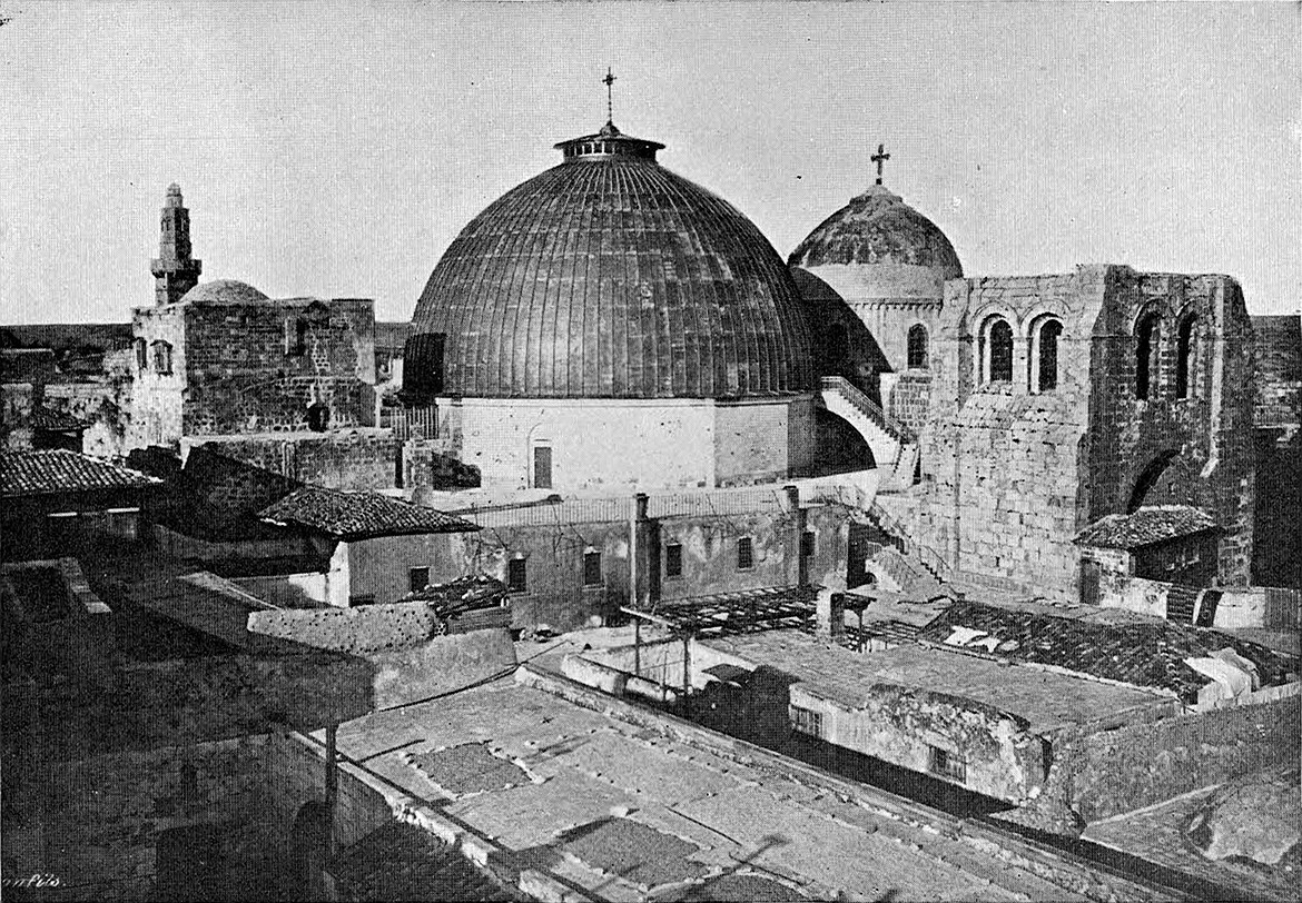 The Church of the Holy Sepulchre sits on the site of the pagan temple ordered destroyed by Roman Emperor Constantine in 4th century A.D. (photo c. 1905).