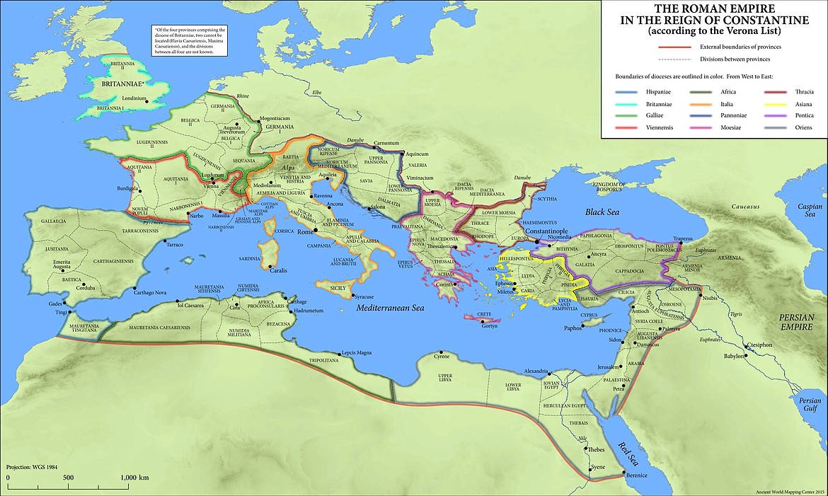 The Roman Empire during the reign of Emperor Constantine (306-337 A.D.).