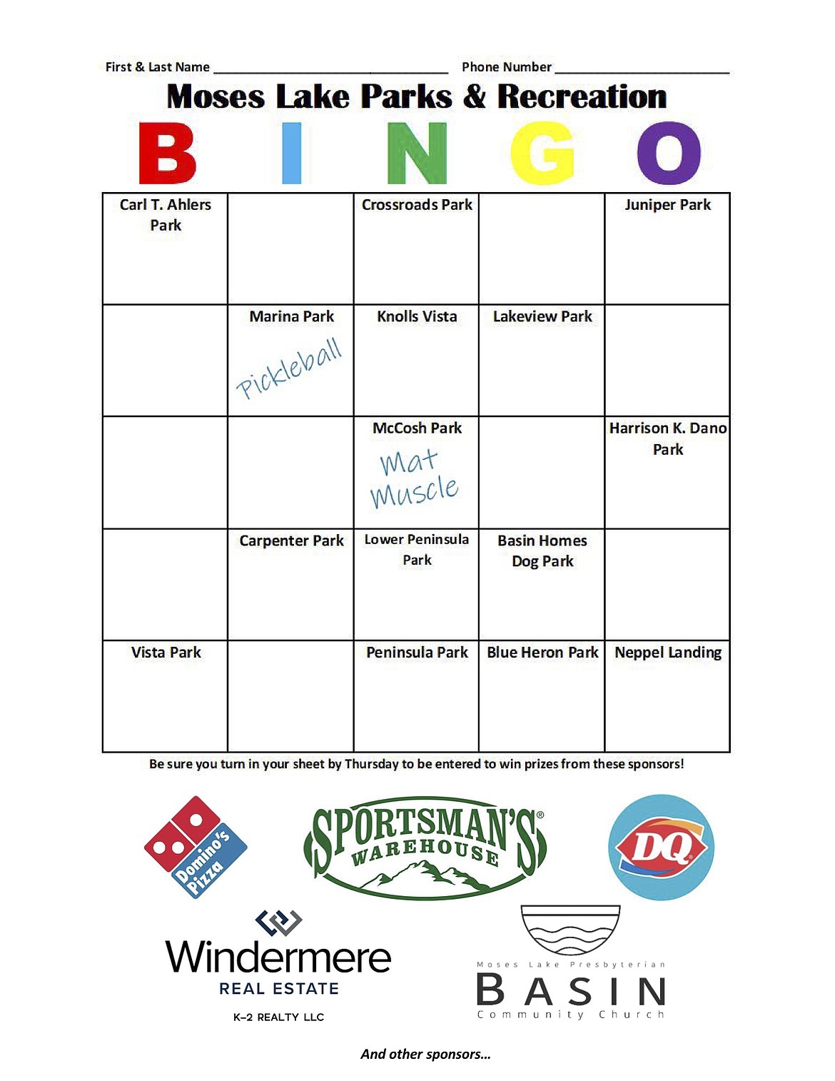 A copy of the updated Bingo sheet for Parks Bingo Scavenger Hunt heading into the third week of the October event sponsored by Moses Lake Parks & Recreation.