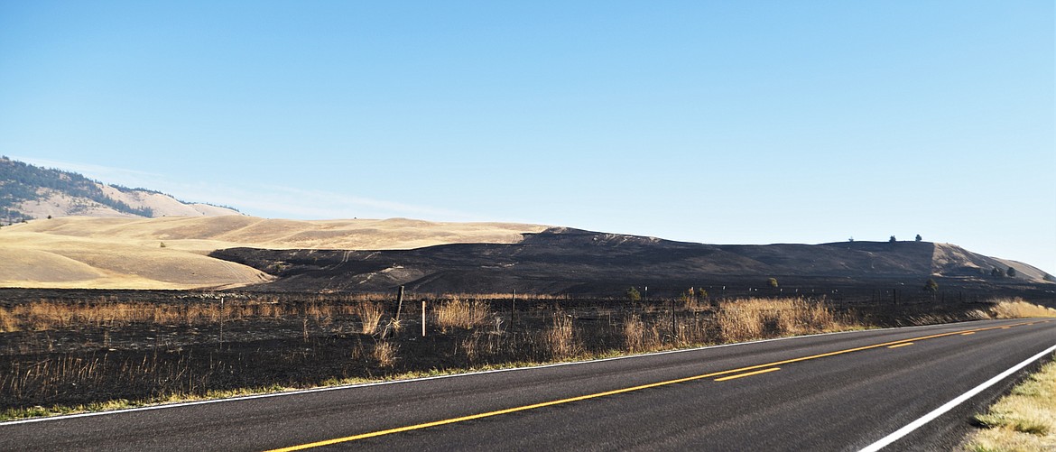The aftermath of a 471-acre grass fire that started Wednesday night along Highway 28 about 4 miles west of Elmo. (Scot Heisel/Lake County Leader)