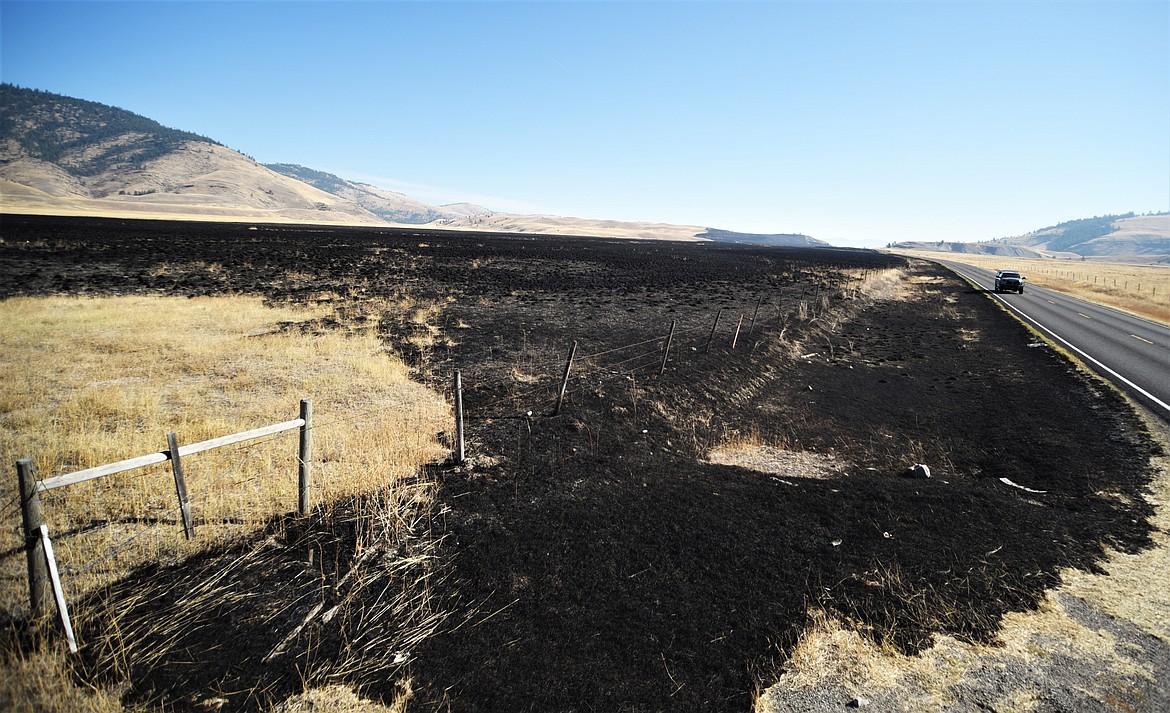 The aftermath of a 471-acre grass fire that started Wednesday night along Highway 28 about 4 miles west of Elmo. (Scot Heisel/Lake County Leader)