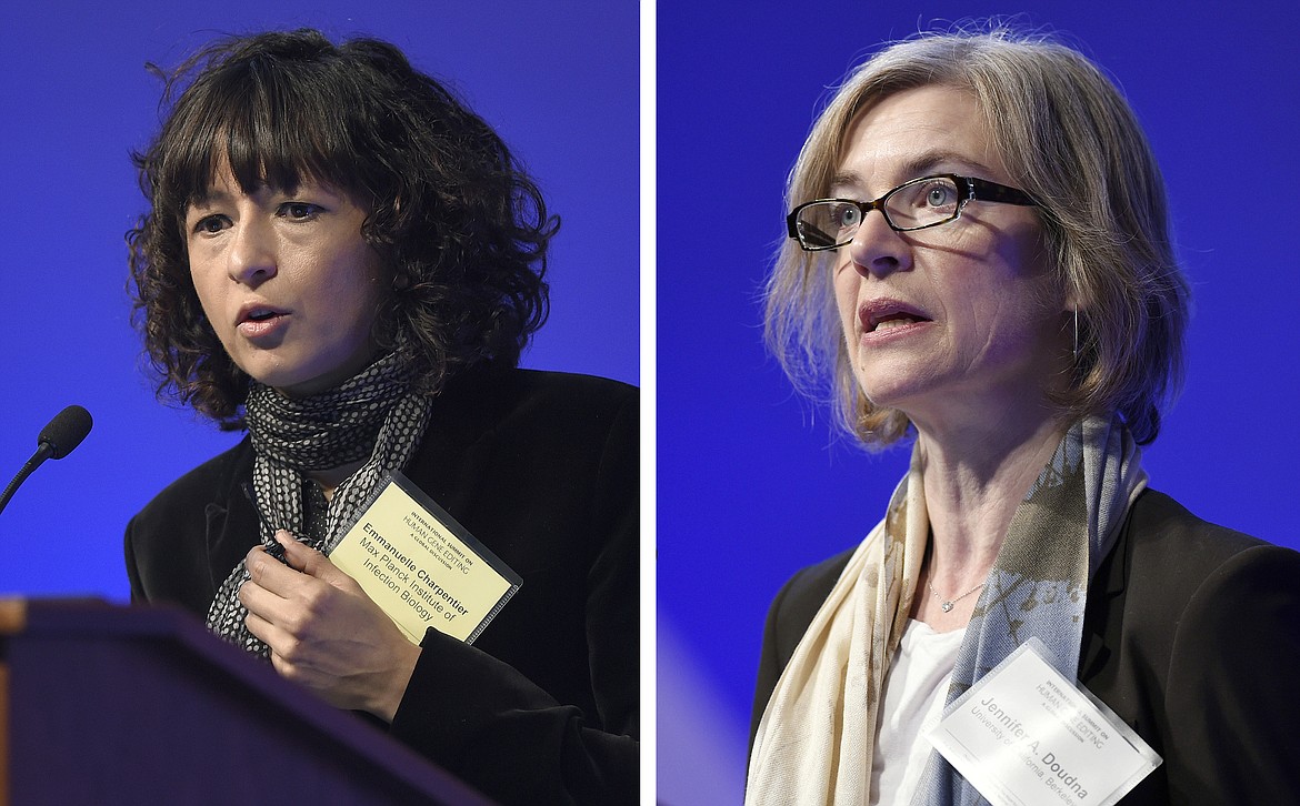 This Tuesday, Dec. 1, 2015 file combo image shows Emmanuelle Charpentier, left, and Jennifer Doudna, both speaking at the National Academy of Sciences international summit on the safety and ethics of human gene editing, in Washington.