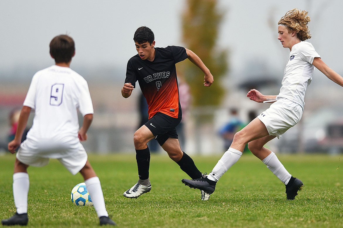 Flathead’s Arsen Sokolov (9) pushes the ball upfield against Butte in the second half at Kidsports Complex on Saturday. (Casey Kreider/Daily Inter Lake)