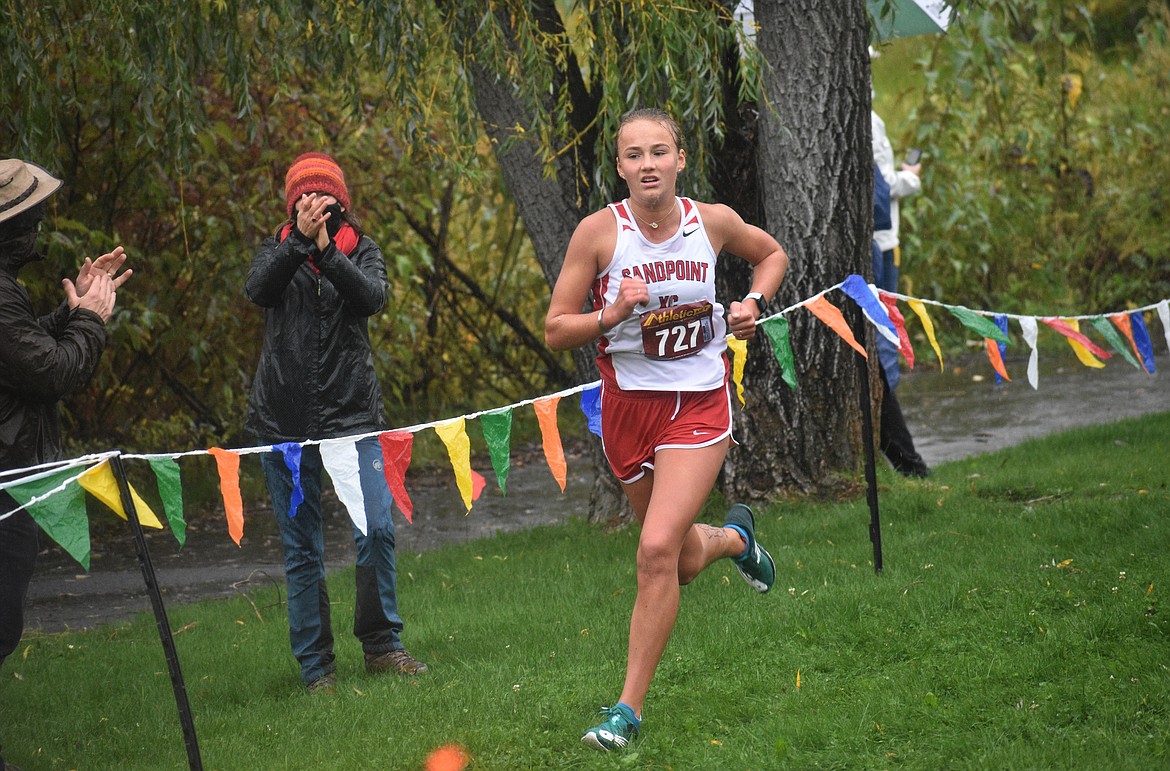 Sophomore Ara Clark nears the finish of Saturday's William Johnson Sandpoint Invitational.