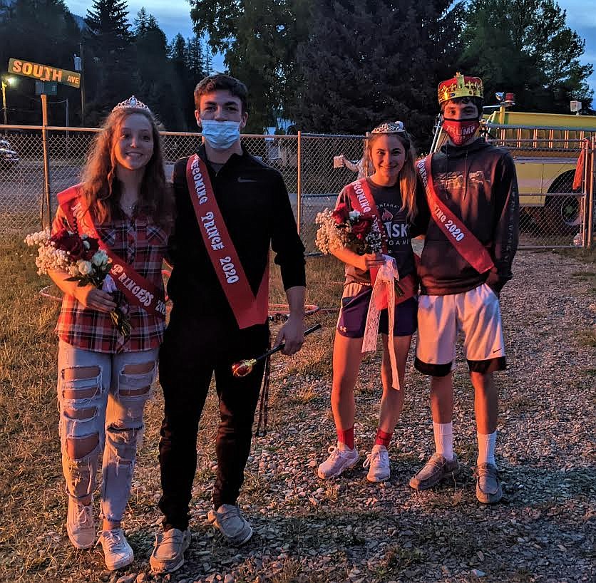 It may have been a less than traditional homecoming at Noxon School last Friday, but after games of bolleyball (boys volleyball) and powerpuff football, a queen and king were crowned. From left, are Dylan Vigil (princess), Josh Baldwin (Prince), Chelsea Vohs (Queen), and Brody Hill (King). (Photo courtesy Dana K. Grupenhoff, Noxon Public Schools)