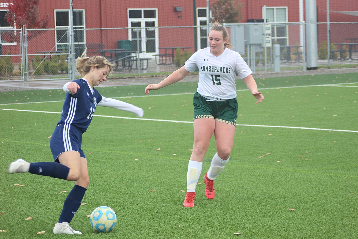JOEL DONOFRIO/Press
St. Maries defender Stacie Mitchell challenges Bonners Ferry's Emma Pinkerton during the second half of the Badgers' 4-0 victory on Monday at The Fields at Real Life Ministries in Post Falls.