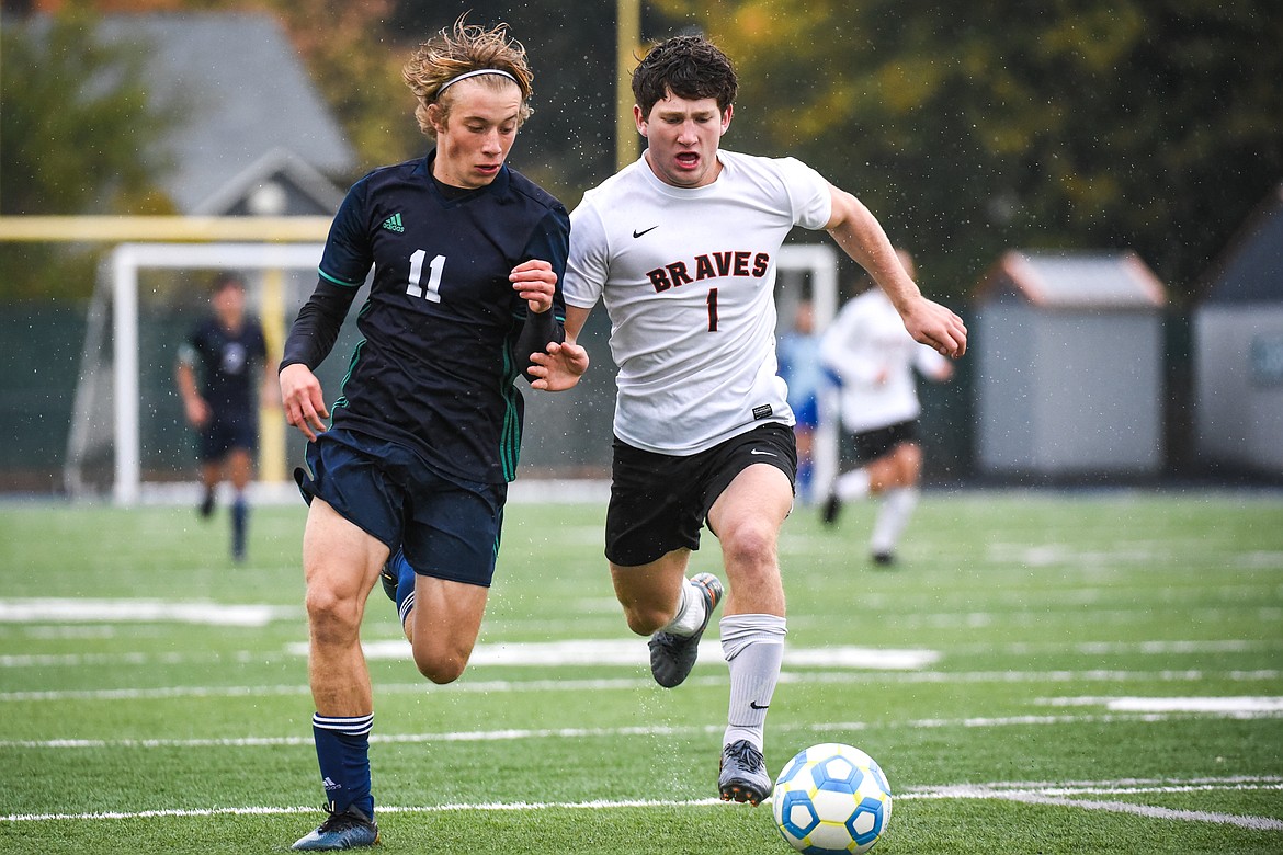 Glacier's Parker Creer (11) and Flathead's Fin Nadeau (1) chase down a ball in the first half at Legends Stadium on Tuesday. (Casey Kreider/Daily Inter Lake)