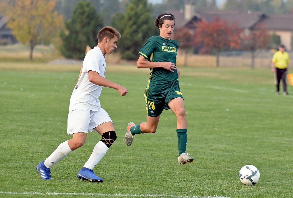 Whitefish midfielder Ford Thompson takes the ball into the Pirates box during a game against Polson at Smith Fields on Thursday, Oct. 8. (Whitney England/Whitefish Pilot)