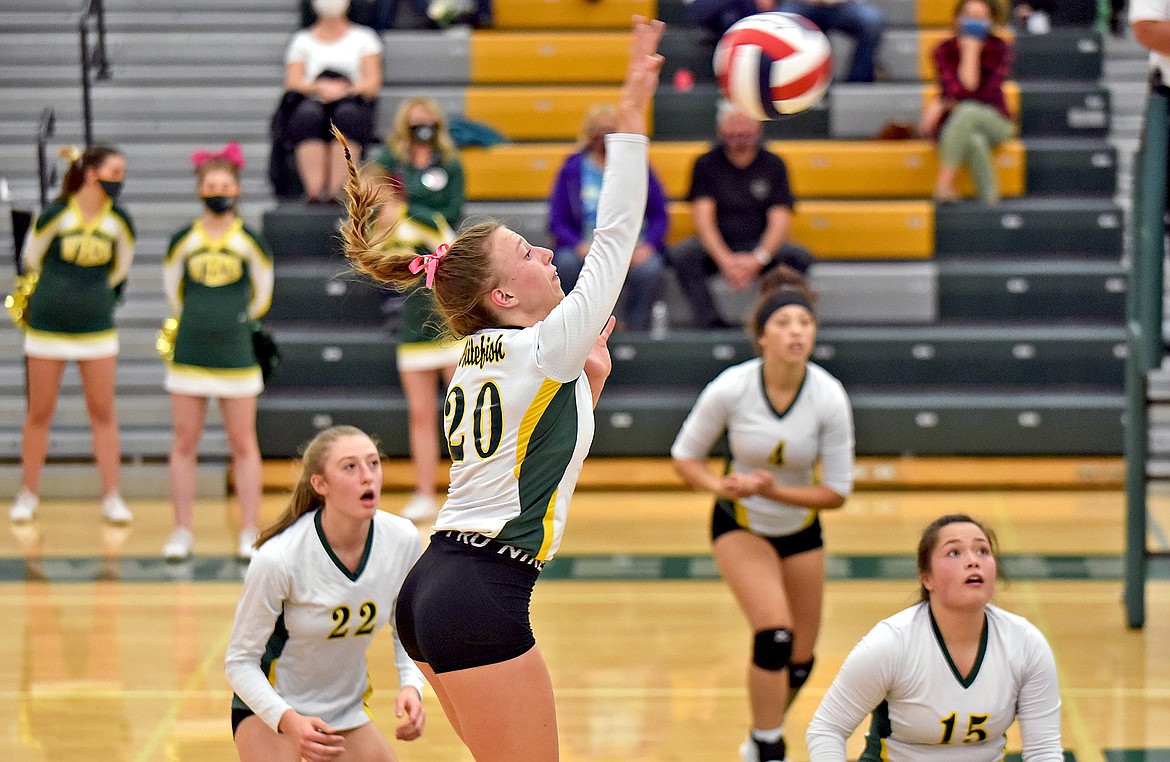 Lady Bulldog senior Mikenna Ells looks for the kill in a volleyball match against Polson Tuesday, Oct. 6. (Whitney England/Whitefish Pilot)