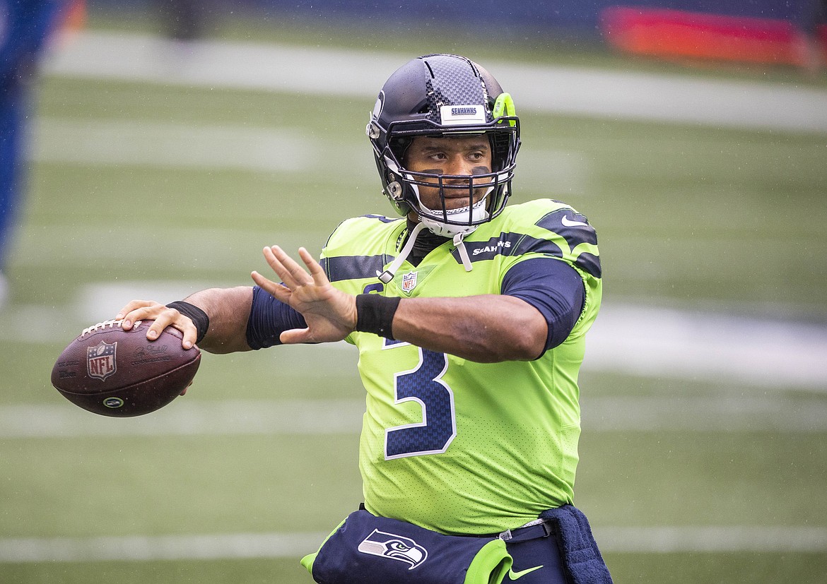 Russell Wilson warms up for Sunday's game with the Vikings. The Minnesota Vikings played the Seattle Seahawks in NFL Football Sunday, October 11, 2020 at CenturyLink Field in Seattle, WA.