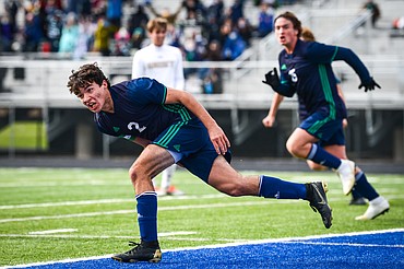 Glacier's Diego Mendoza (2) celebrates after scoring the game-winning goal off a corner kick in overtime against Billings West at Legends Stadium on Saturday. (Casey Kreider/Daily Inter Lake)