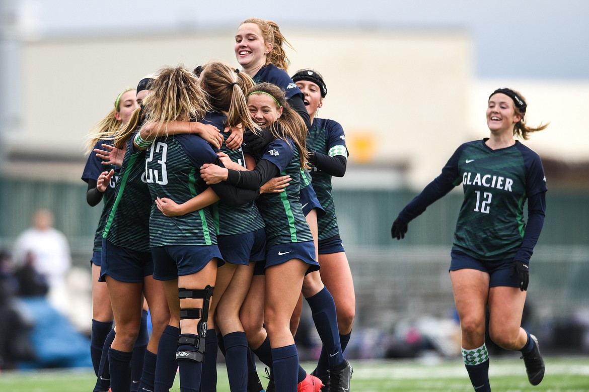 Glacier celebrates after Reagan Brisendine's (3) goal in the second half put the Wolfpack up 2-0 against Billings Skyview at Legends Stadium on Saturday. (Casey Kreider/Daily Inter Lake)