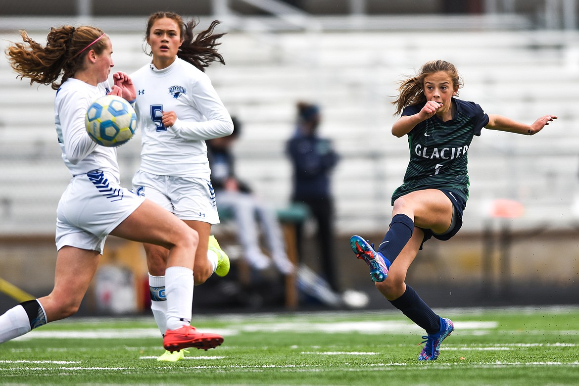 Glacier's Reagan Brisendine (3) scores a goal in the second half against Billings Skyview  at Legends Stadium on Saturday. (Casey Kreider/Daily Inter Lake)