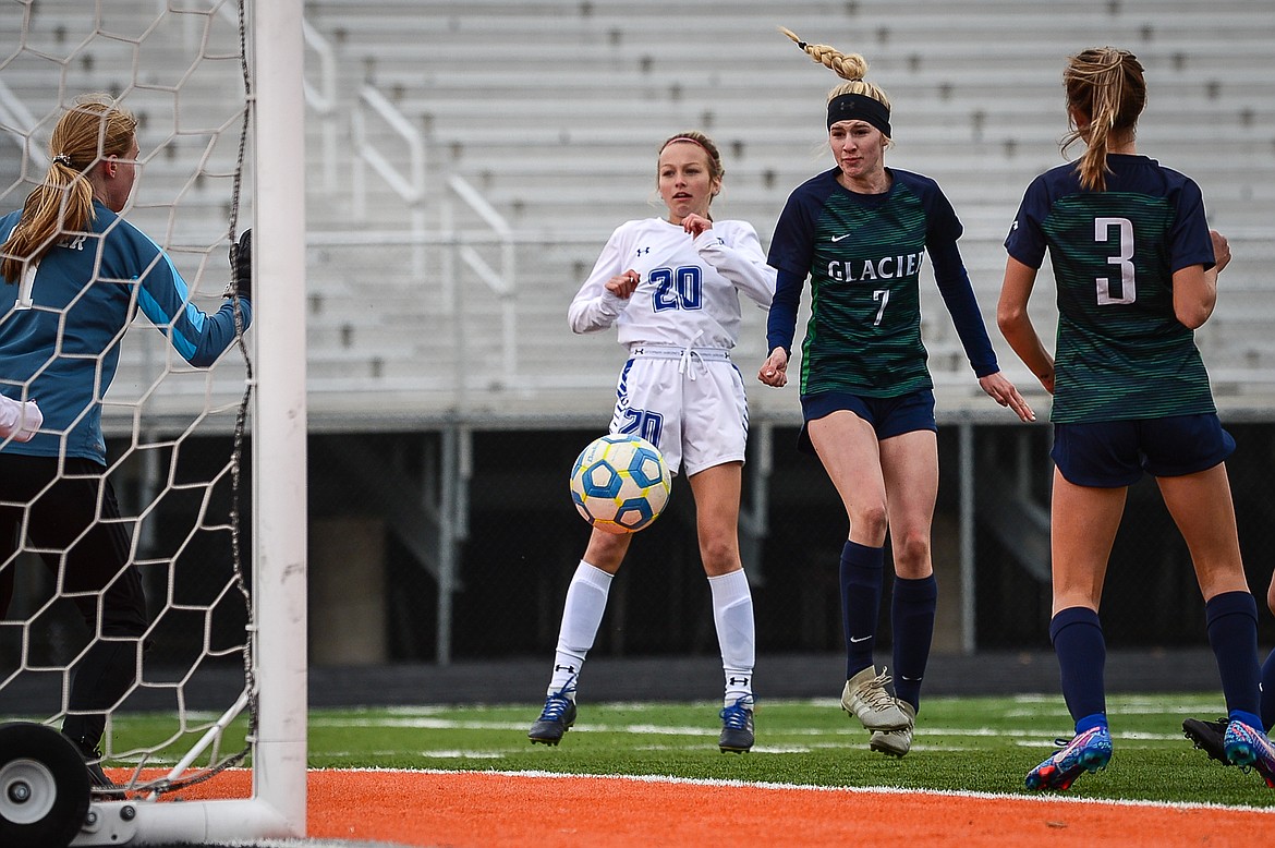 Glacier's Reese Leichtfuss (7) heads in a goal off a corner kick in the first half against Billings Skyview at Legends Stadium on Saturday. (Casey Kreider/Daily Inter Lake)
