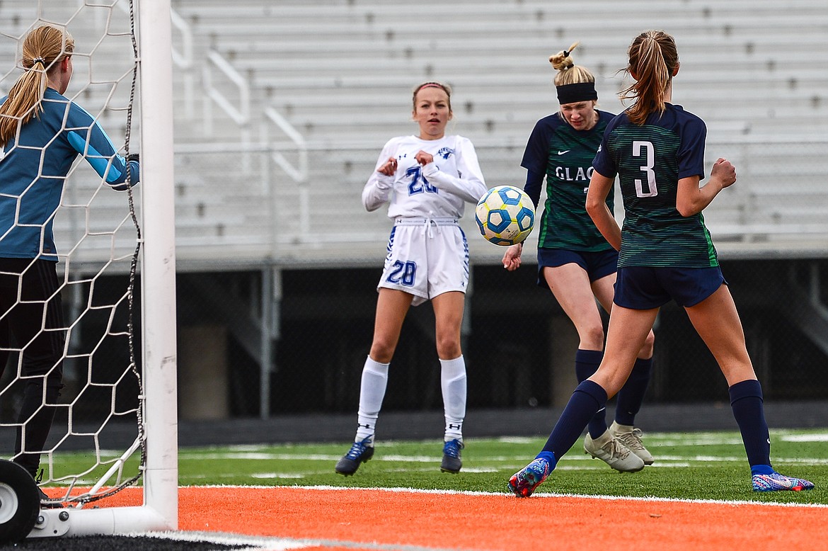 Glacier's Reese Leichtfuss (7) heads in a goal off a corner kick in the first half against Billings Skyview at Legends Stadium on Saturday. (Casey Kreider/Daily Inter Lake)