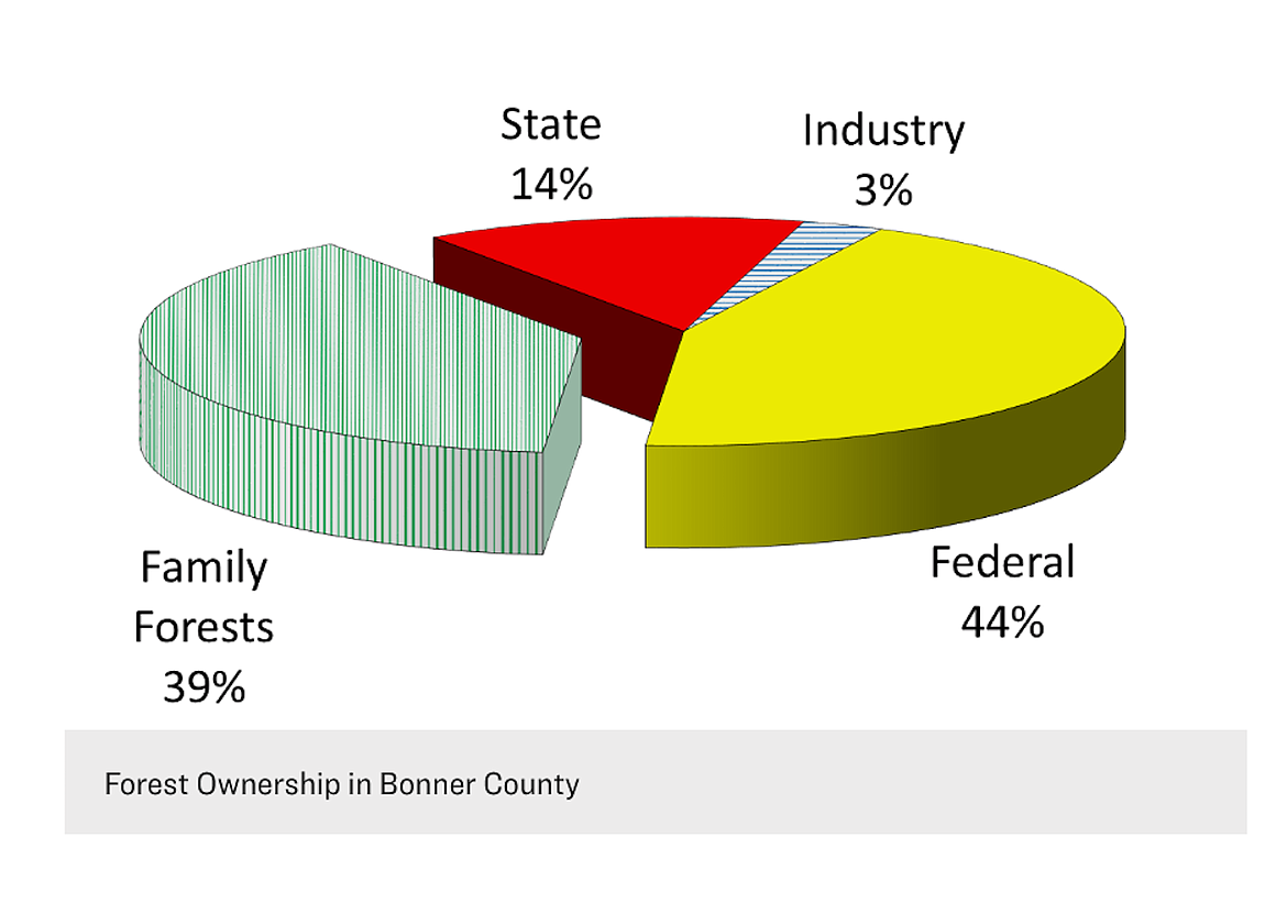 A breakdown of the forest land ownership in Bonner County. The data shows that about 43 percent of forest land in the county is owned by families.