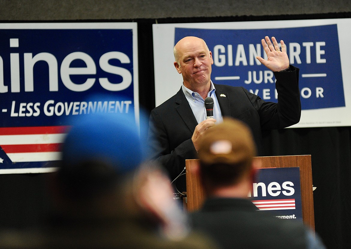 U.S. Rep. Greg Gianforte, R-Montana, speaks at a Montana Republican Party campaign event at the Red Lion conference center in Kalispell on Monday. Gianforte is the Republican candidate for Montana governor. (Matt Baldwin/Daily Inter Lake)