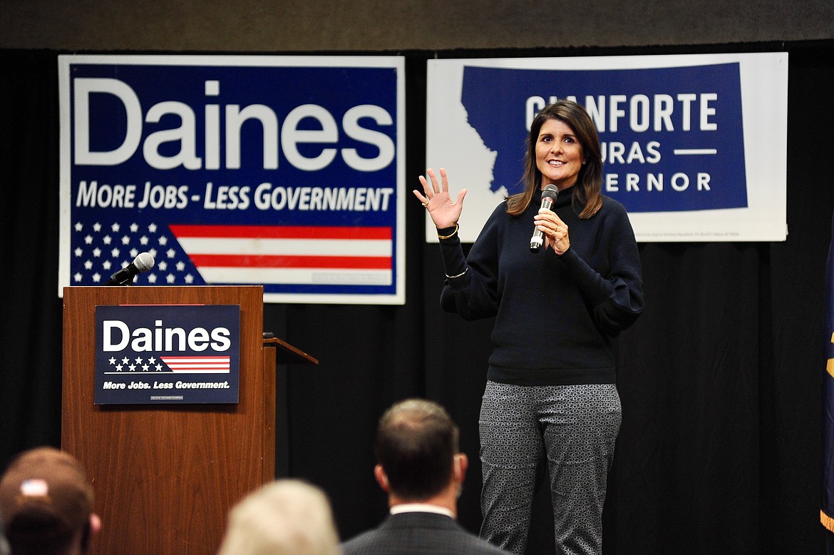 Nikki Haley, former U.S. ambassador to the United Nations and South Carolina governor, speaks at a Montana Republican Party campaign event at the Red Lion conference center in Kalispell on Monday. (Matt Baldwin/Daily Inter Lake)